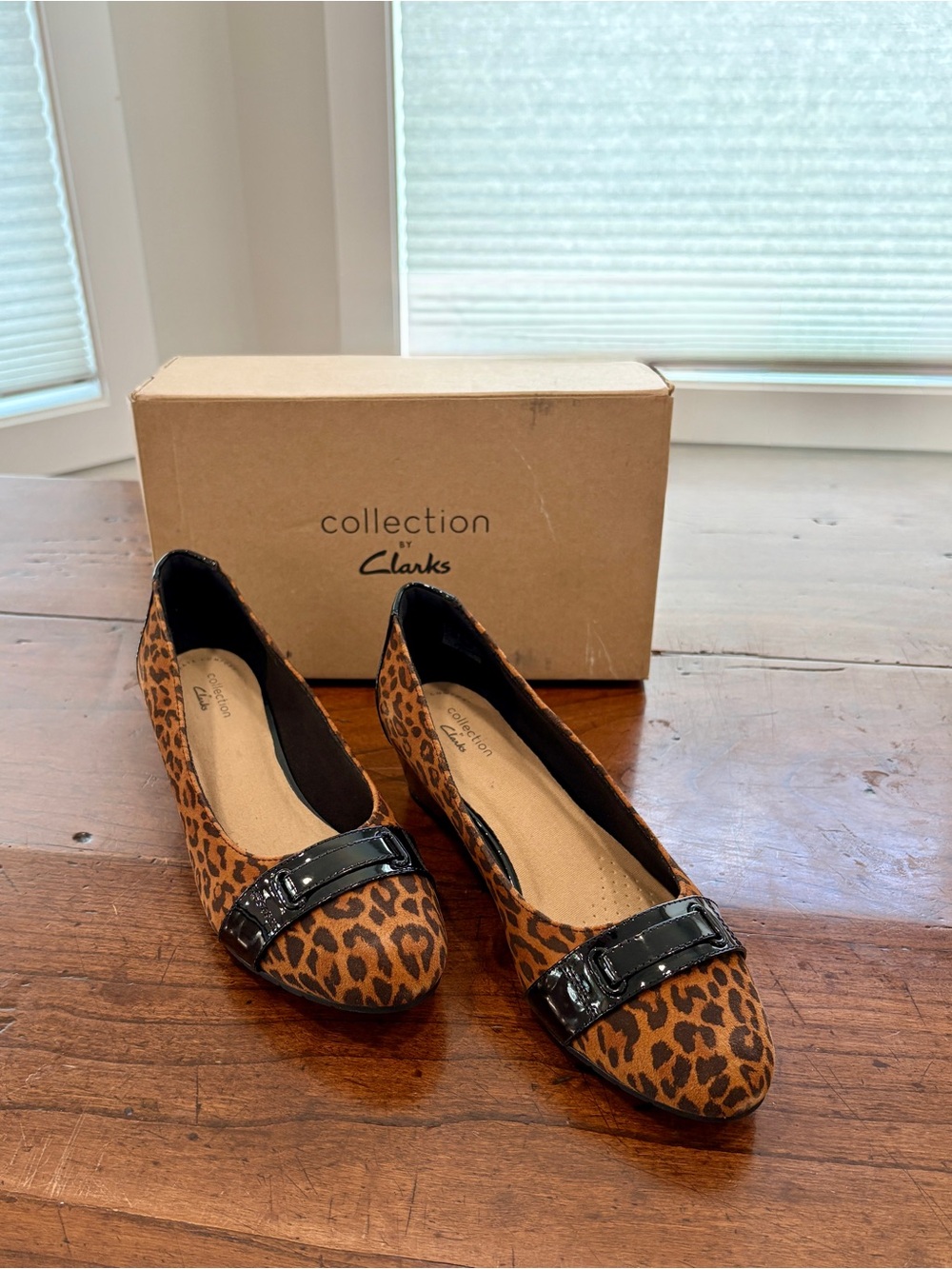 Clarks Leopard Print Flats with Black Patent Trim
